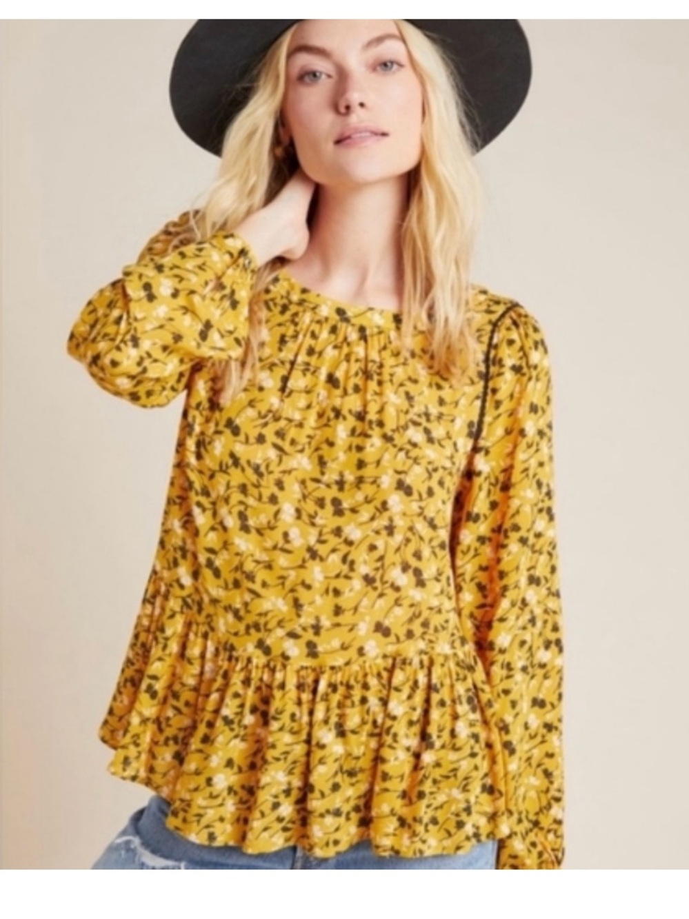Maeve Anthropologie Cheyenne Mustard Yellow Floral Peplum Blouse Medium